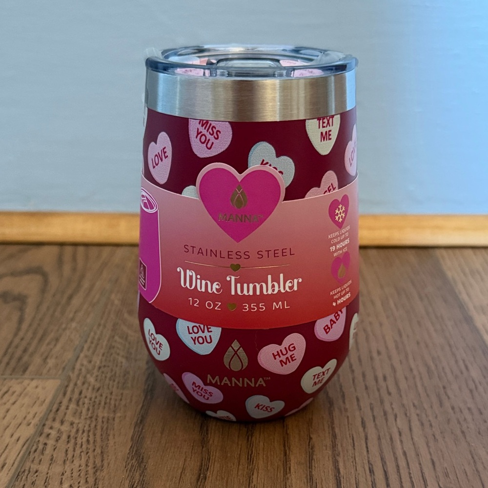 NWT Manna Stainless Steel Wine Tumbler 12oz- Conversation Hearts